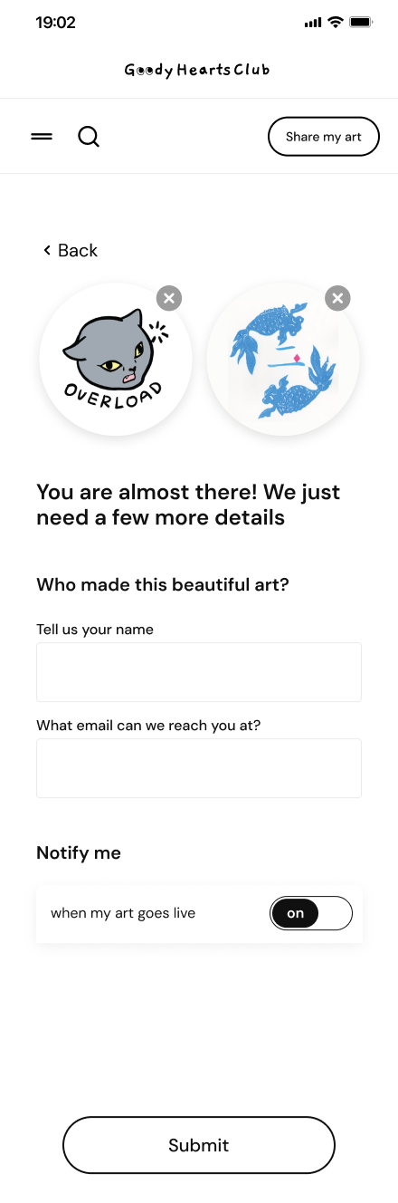 After: personal details screen showing only uploaded art